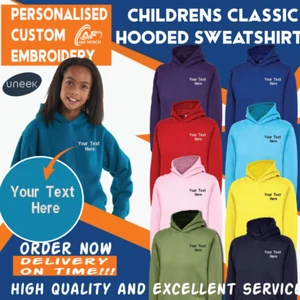 Personalised Custom Embroidered Uneek Childrens Classic Hoodie kids Gifts unisex - Picture 1 of 13