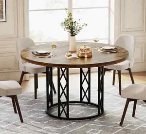 Round Dining Table Rustic Wood Kitchen Table For 4–6 Seater With Metal Base - Picture 1 of 15