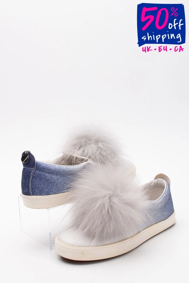 RRP €120 MONNALISA scarpe da ginnastica per bambini glitter US5 EU37 UK4 pelliccia di procione pom pom - Immagine 1 di 4