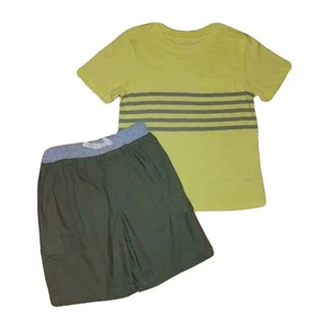 5t Slip On Green Shorts & Yellow/Green Striped Cotton T-shirt Boys Shorts Outfit - Picture 1 of 2
