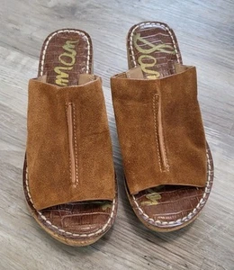 Sam Edelman Wedge Sandals Sz 8 Ranger Camel Brown Slip On Peep Toe Shoes - Picture 1 of 6