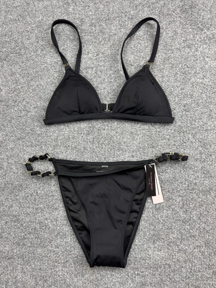 Traje de baño bikini Victorias Secret para mujer mediano negro triángulo parte superior inferior dorado V Foto 1 de 4