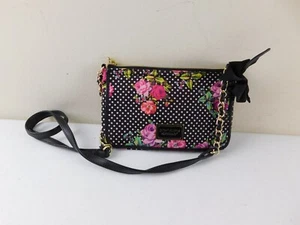BETSEY JOHNSON Black, White Dots with Floral Roses & Bow Shoulder Bag Purse EUC - Picture 1 of 6