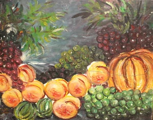 VINTAGE FAUVIST OIL PAINTING STILL LIFE WITH PUMPKIN, GRAPES AND PEACHES SIGNED - Picture 1 of 12