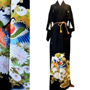 【Near Mint】Black kimono ,antique kimono,  kimono robe,luxurious embroidery - Picture 1 of 18