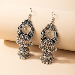 Shiny Silver Chandelier Bell Earrings w Black & Gray Enamel, Silver Accent Beads