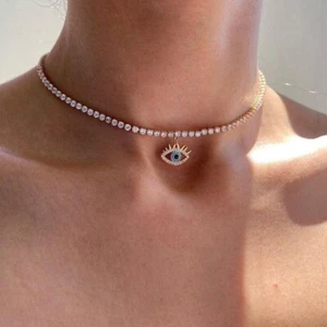 Fashion Evil Eye Necklace Pearl Chain Clavicle Beaded Women Jewellery Gift - Picture 1 of 12