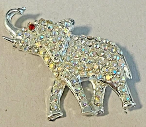 J-1176 SilverToned Elephant pin/brooch-Iridescent stone covered, red eye-2x1.5" - Picture 1 of 3