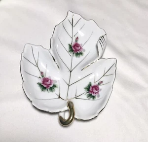 Japan Handled Leaf Shaped Dish Rose and Gold Trimmed Decorative Plate  - Picture 1 of 9