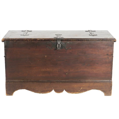 Antique 48" Pine 6 Board Blanket Chest Trunk with Fancy Wrought Iron Hardware Cover
