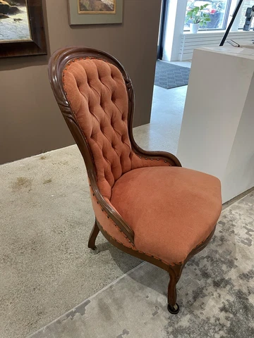 Antique Victorian Walnut Balloon Parlor Chair Button Tufted Dark Pink Upholstery Cover
