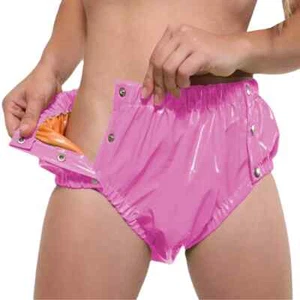 Shiny PVC Leather Double Layer Splicing Panties Button-up Elastic Waist Panties - Picture 1 of 11