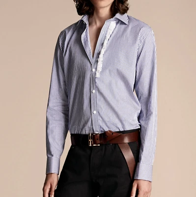 NWT Burberry Men Ruffle Stripe Trim Fit Dress Shirt French Cuffs, Blue, size 42 - Image 1 of 4
