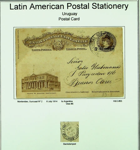 SEPHIL URUGUAY 1914 WWI GOVERNMENT PALACE 2c S/C UPU PS PC TO ARGENTINA Cover