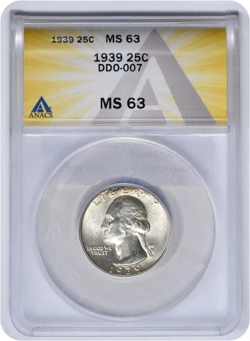 1939 Washington Silver Quarter DDO 7 MS63 ANACS Cover