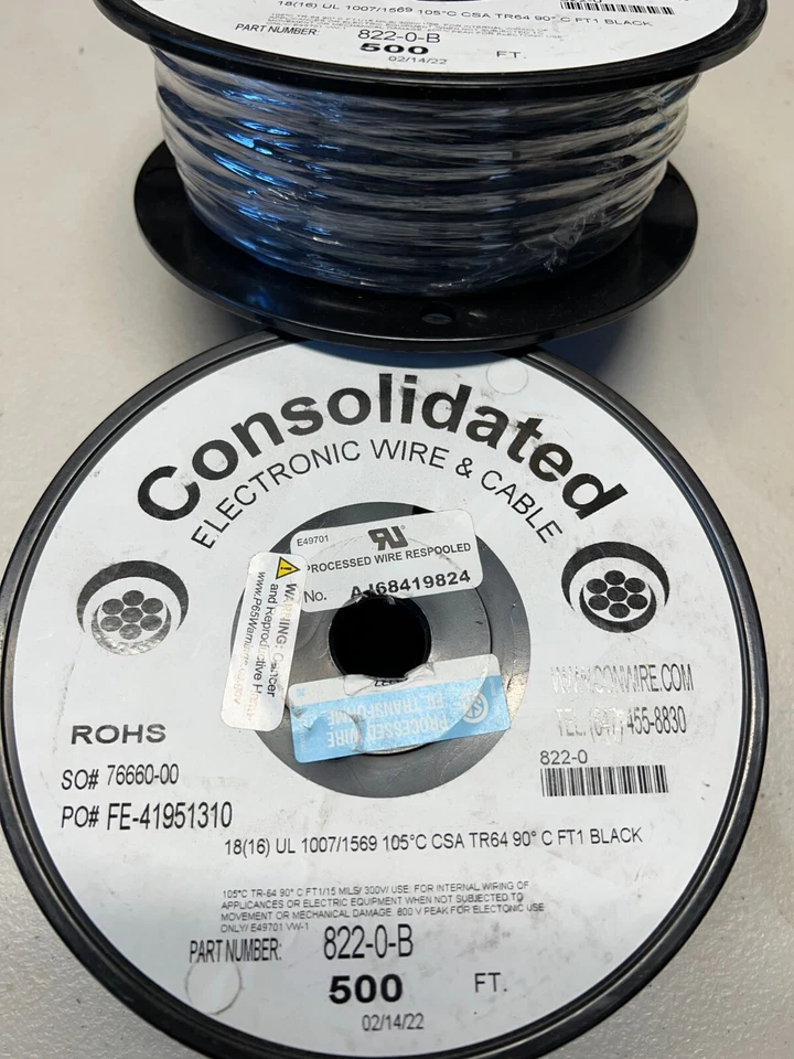 18AWG BLACK UL1007 300V 500FT STRANDED HOOK UP WIRE CONSOLIDATED MADE IN USA - Image 1 of 1
