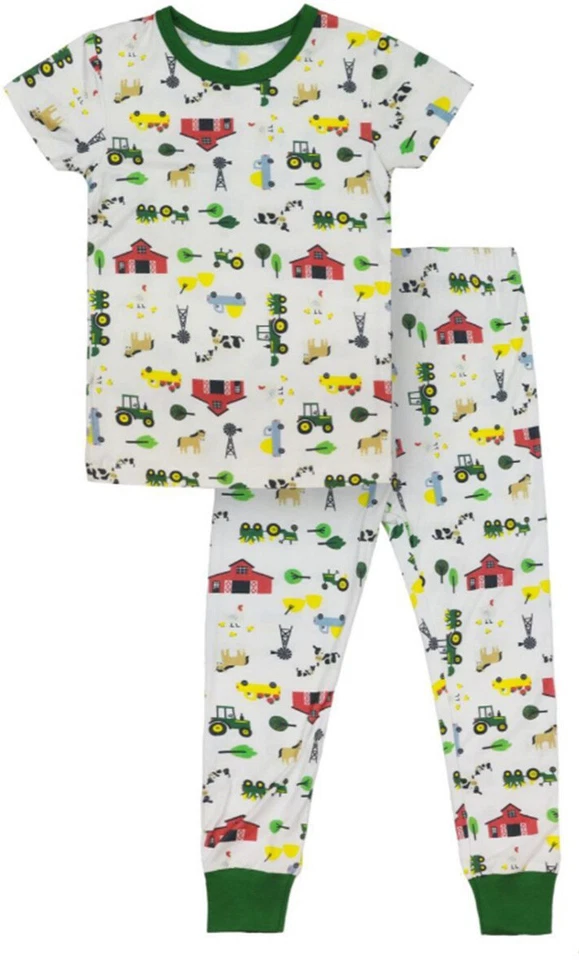 NUEVO Juego de pijama John Deere 2 piezas blanco diseño de escena de granja borde verde tamaño 2T 3T 4T Foto 1 de 1