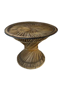 Vintage 70s Boho Tiki Round Woven Wicker Rattan End Table Plant Stand - Picture 1 of 12