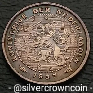 Netherlands 1/2 Cent 1937 Grapes. KM#138. Bronze Half Cent coin. Rampant Lion. - Picture 1 of 7