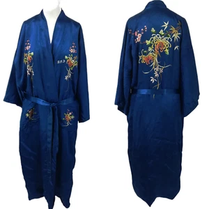 Vintage Silky Kimono Robe Size XL  Embroidered Flowers BJD Smoking Jacket Asian - Picture 1 of 12
