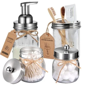 Amolliar Mason Jar Bathroom Accessories Set 4Pc - Foaming Soap Dispenser&2 Qt... - Picture 1 of 7