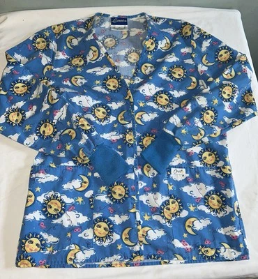 Crest Scrub Top Sun, Moon, Clouds Long Sleeve Button-Up Size XS Nurse Medical - Image 1 of 4
