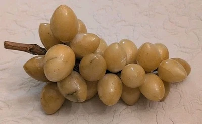 Large Vintage Alabaster Stone Grape Cluster Mid Century MCM Grapes 10” Wood Stem - Image 1 of 4