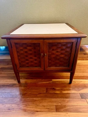 Mid-Century LANE Perception Style Walnut Side Table Woven Doors Marble Top 60s - Image 1 of 4