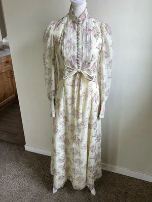 Винтажный 1970-х Cottagecore Prairie платье sz 5 кремовый кружевной цветочный оборки длинный высокий воротник - Изображение 1 из 4