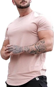 Mens T-Shirt Gym Workout Short Sleeve Cotton Lightweight Summer Tee Slim Pink XL - Picture 1 of 4