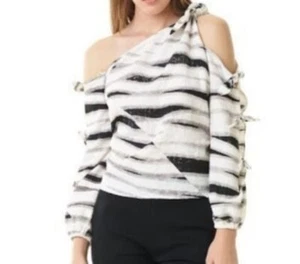 Alberto Makali One-Shoulder-Bluse mit Knotenärmeln Zebrastreifen Oberteil Damen Große L - Bild 1 von 10