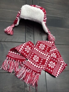 Build a Bear Red And White Knit Trapper Hat & Scarf Set B-A-B BABW - Picture 1 of 2