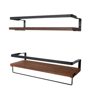 Set of 2 Floating Shelves Wall Mounted Storage Shelves with Towel Bar Storage - Picture 1 of 10