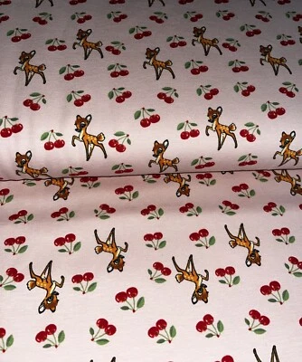 Jersey Kirschen Reh Rehe rosa Baumwolle Stoff Altrosa Bambi Rockabilly - Bild 1 von 4