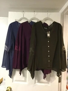 Noelle Sheer Blouse Top w/ Lace Accent Bell Sleeve-You Choose Color /S/M (8/10) - Picture 1 of 15