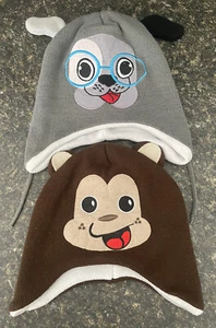Pair of Kid’s Beanies. Grey Dog & Brown Monkey. Size Small, - Picture 1 of 4