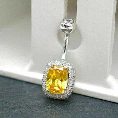 3Ct Cushion Lab-Created Citrine Womens Belly Button 14K White Gold Plated Silver - Image 1 of 4