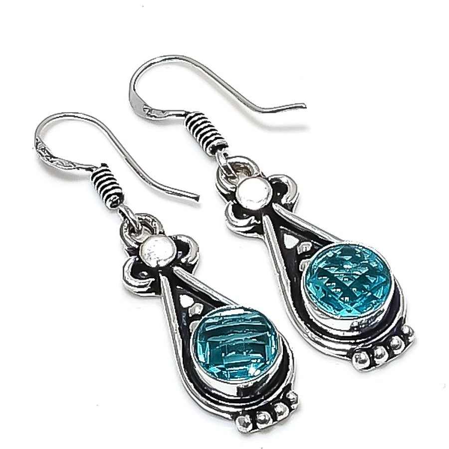 Aquamarine Gemstone Handmade 925 Sterling silver Jewelry Earring Size 1.4" - Image 1 of 1