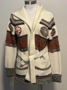 Vintage 70s Hooded Cardigan Sweater Space Dye Southwestern Belted Pockets - Picture 1 of 14