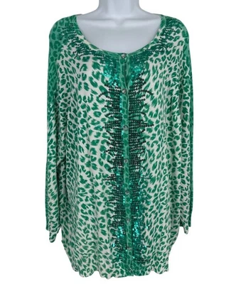 Quacker Factory Womens Long Sleeve Crew Neck Sequin Button Front Cardigan 1X - Image 1 of 4