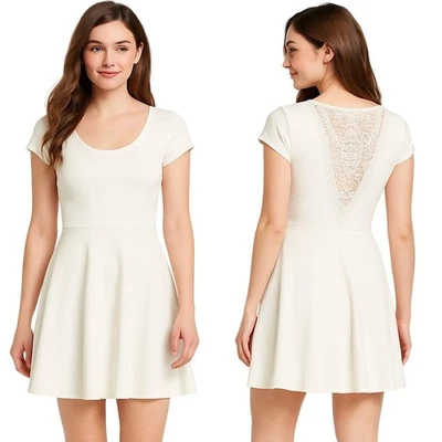 Bailey Blue White Fit And Flare Dress Medium Lace Back Short Sleeve Party Skater - Image 1 of 4