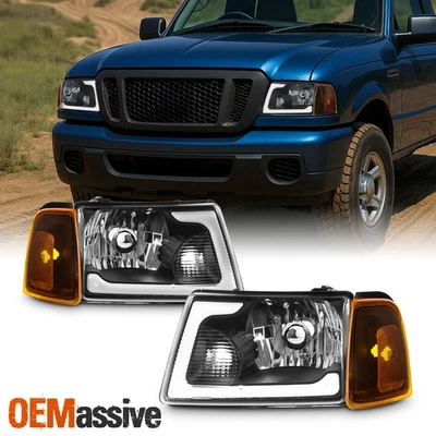 For 2001-2011 Ford Ranger Black Housing Headlights Headlamp Pair w/ LED Tube DRL — 第 1/4 张图片