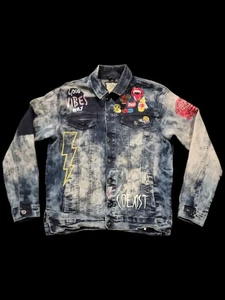 XL - Smoke Rise Denim Jacket Good Vibes Only Skeleton Skull Coexist Acid Wash - Picture 1 of 8