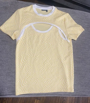 ASOS Yellow Checkerboard Cut Out Layered Illusion T Shirt Size Medium - Image 1 of 4