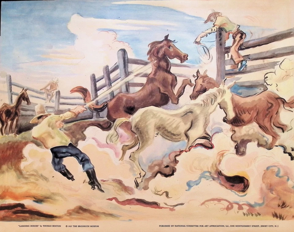 Arte de lazo occidental vintage Thomas Hart Benton impresión artística - "Lassoing Horses", 1937 Foto 1 de 4
