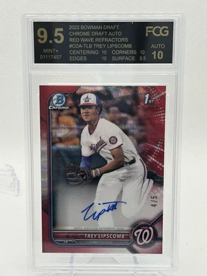 Trey Lipscomb PSA 10 2022 1st Bowman Chrome AUTO Prospect Red Wave Ref /5. Nats - Image 1 of 2