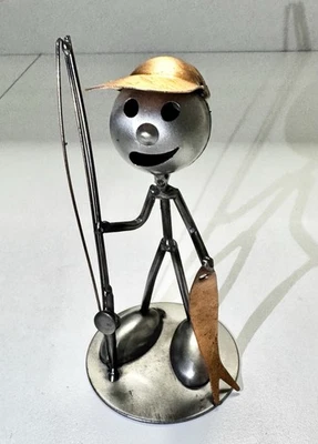 Arte Metal Escultura Pesca Estatuilla Cobre Sombrero y Peces Acero Foto 1 de 4