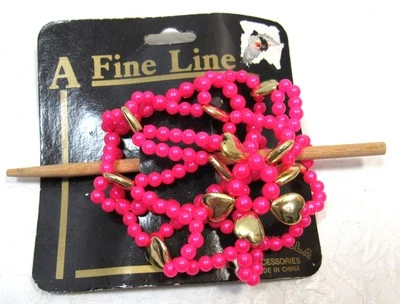 Vintage Hair Bun Holder Cage Classic Accessory Pink Beads w/ Gold-Tone Hearts - Image 1 of 4