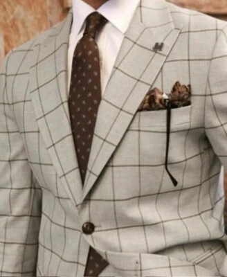 Hombre Traje Gris Pico Solapa Cuadros Cuadros Esmoquin Un Pecho Personalizado Fiesta Elegante Foto 1 de 4