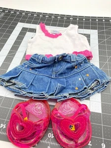 Build A Bear Clothes Pink and White  Shirt & Blue Jean Skirt Outfit with Sandals - Picture 1 of 9